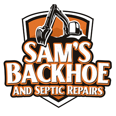 A logo showcasing a backhoe graphic above the text "Sam's Backhoe and Septic Repairs" on a shield-shaped background. The color scheme includes orange, black, and white. Perfect for excavating operations.