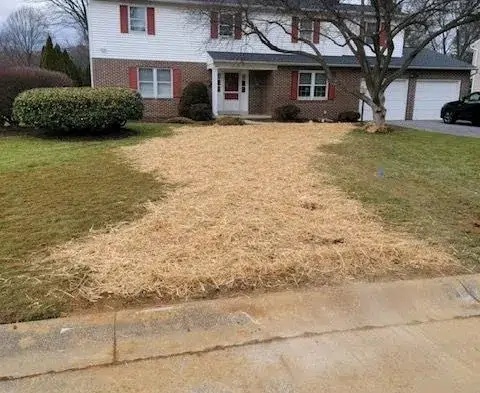 This suburban house features striking red shutters and a two-car garage. The front yard displays a patch of straw over the grass, hinting at recent excavating work by Sam's Backhoe & Septic Repairs. Surrounding trees and shrubs add to the charm of this well-maintained property.